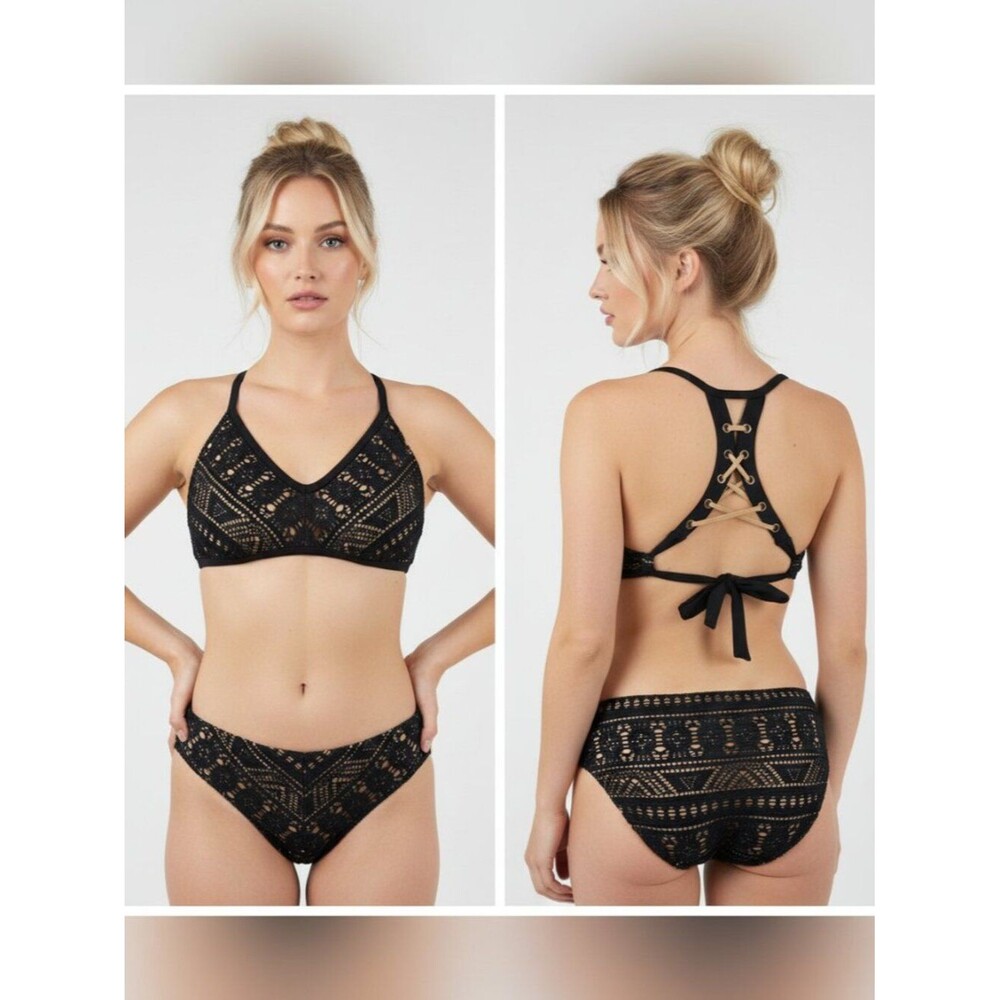 Becca Black & Nude Crochet Lace Bikini Swim Suit M/L